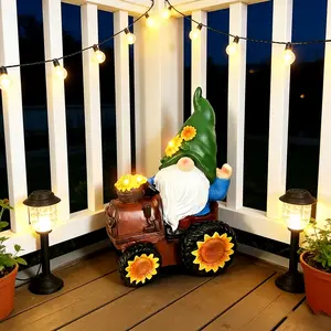 Cute Garden Gnome on Sunflower Tractor Decor - 11.4" Resin Outdoor/Indoor Statue with Solar LED Lights | Funny Patio Yard Decorations for Home