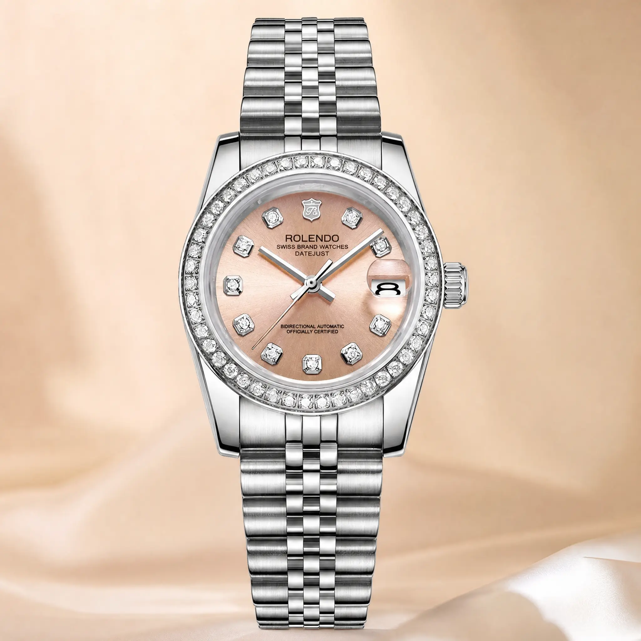 Women's Luxury Full Diamond Bezel Automatic Mechanical Watch - Blush Pink Champagne Radial Texture Dial, Independent Single Date Display Window, Brushed Polished 5-Row Segmented Silver Steel Strap, Anti-Scratch Hard Sapphire Glass (GongB)