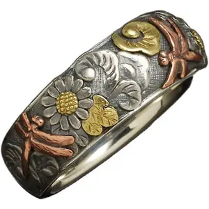 Vintage Hammered Dragonfly Lotus Leaf Flower Ring, Wedding Anniversary Jewelry for Women, Couple Gift & Valentine's Day Exquisite Present