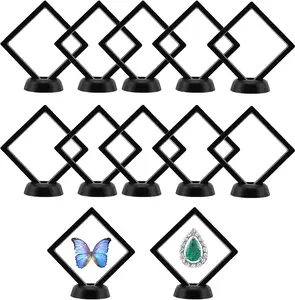 10pcs 3D Floating Coin Display Stand Frame Holder Box Case Black with Stand Suspension Frame for exhibiting Medals Coins Stamps Medallions Jewelry (Black, 90 x 90 mm)