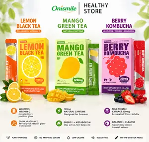 【Onismile】 Collagen PeptidePowder & Pre-Workout Energy Drink Trio - Lemon Black Tea forGlow, Berry Kombucha for Daily Refresh, Mango Green Tea forFocus & Metabolism, Hydrating Vitamins