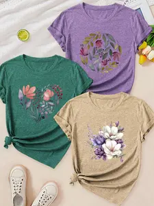Women's 3Pcs Crew Neck T-Shirts, Watercolor Floral & Botanical Print, Multiple Colors Available, Machine Washable, Spring & Summer Tops, Soft Skin-Friendly Fabric, Daily Versatile, Fashion Design