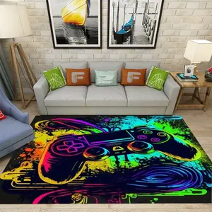 Rainbow Graffiti Game Controller Flannel Area Rug, Home Decorative Rug - Oversized Soft Plush Mat for Gaming Room & Bedroom, Non-Slip Thick Vibrant Video Game Pattern Home Decor for Gamer Enthusiasts
