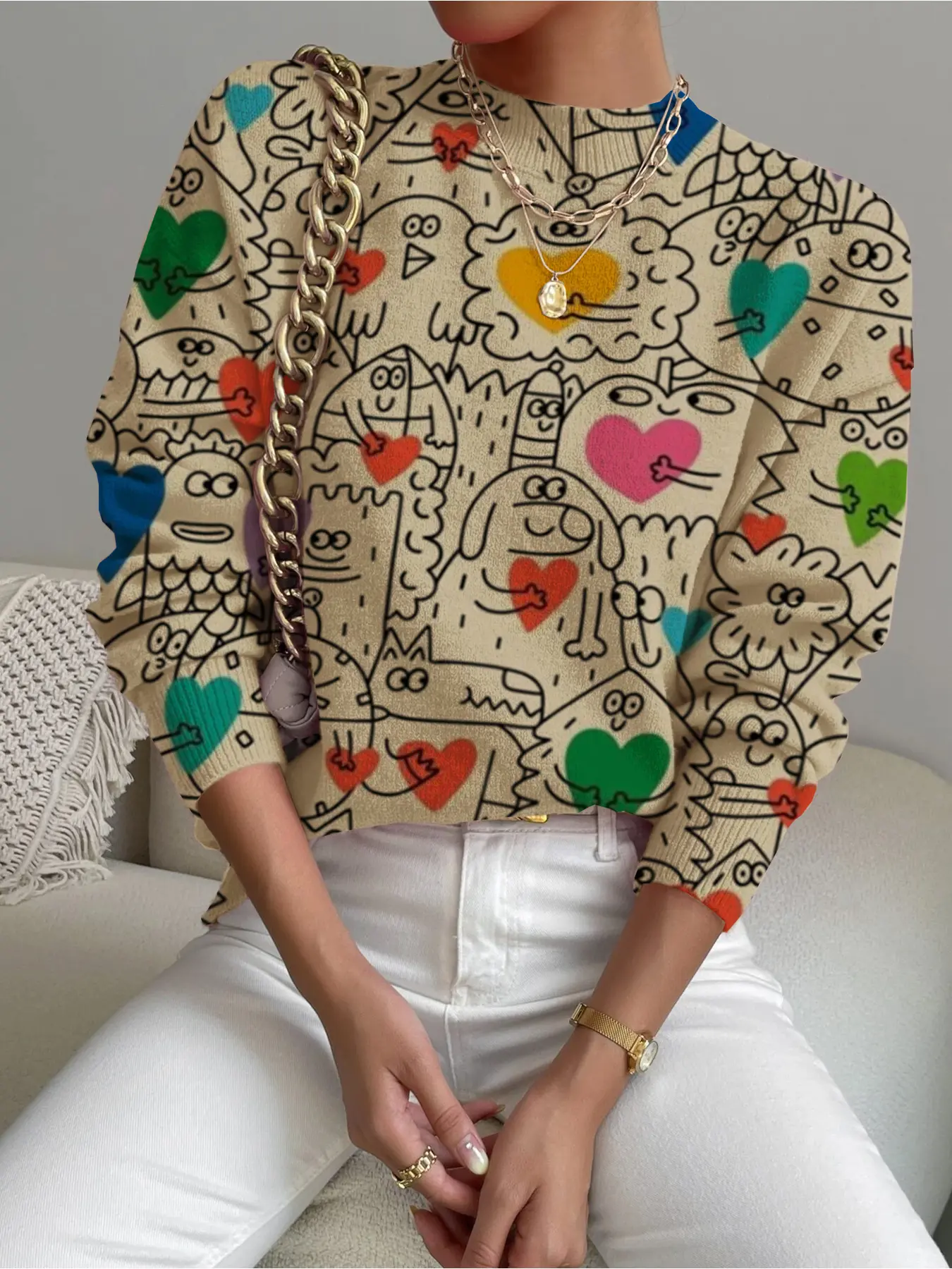Women's Graffiti Print Stand Collar Sweater, Fall Winter Casual Long Sleeve Knitwear, Comfortable Warm Daily Wear, Detail Design Short Top, Fitted, Knitting