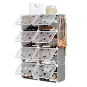 2-Tier 8-Layer Shoe Rack, Plastic Shoe Organizer with Ventilated Shelves, Space-Saving Storage Cabinet for Bedroom Closet Entryway, Black corner stand