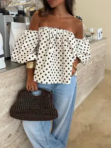 Women's Polka Dot Colorblock Woven Fabric Ruched One-Shoulder Top, Casual Fashionable Top, Beachwear Casual Chic for Daily Wear, Spring and Summer Fashion Blouses Womenswear