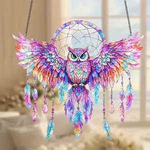 2D Flat, Bohemian Style Owl Dream Catcher Wall Hanging - Colorful Acrylic Art with Vibrant Feathers & Beads, Spiritual Symbol Home Office Decor, Unique Christmas Thanksgiving Gift, Indoor/Outdoor Use