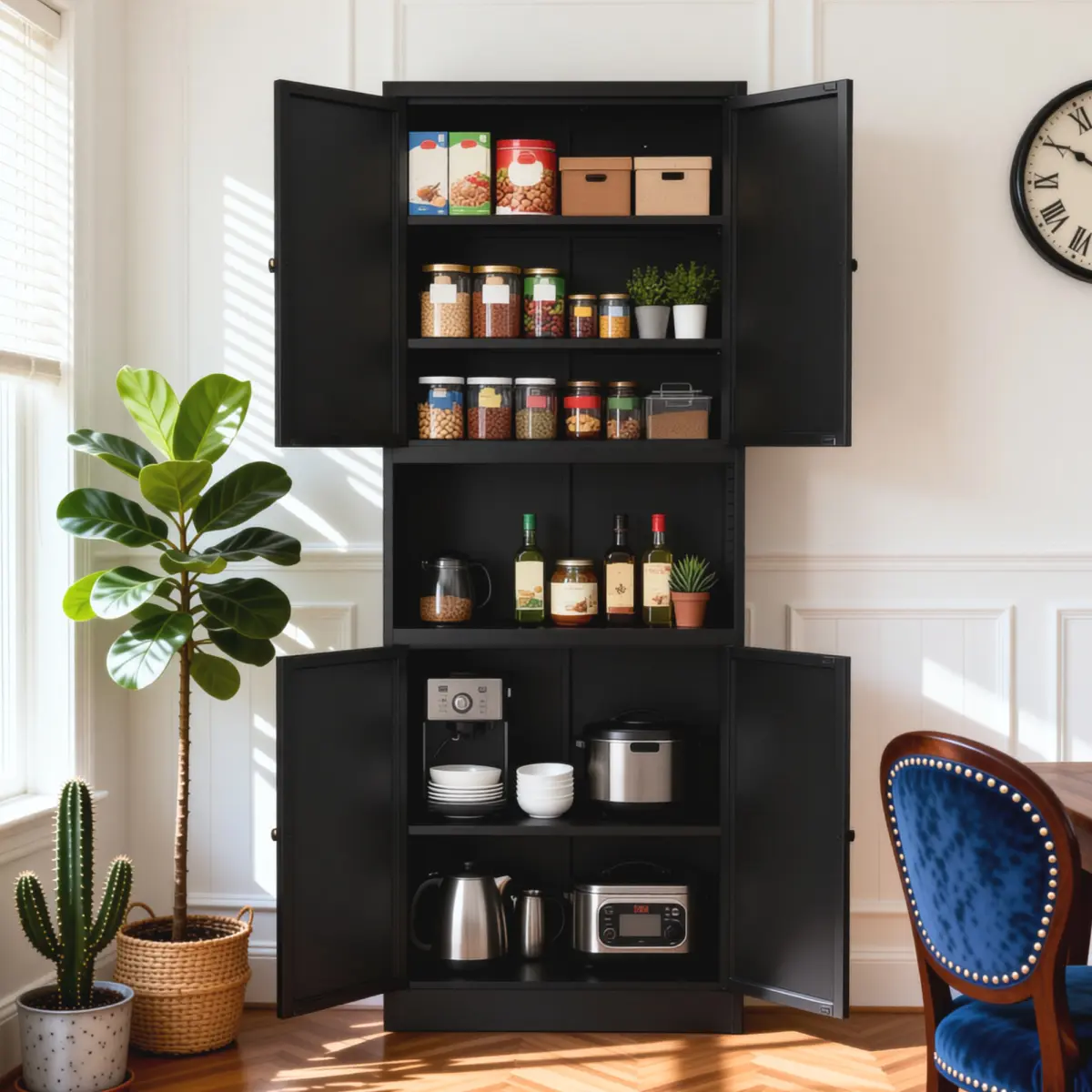 [Bellemave] 72" High Black Steel Kitchen Pantry Storage Cabinet with Large Countertop, Adjustable Shelves and Hooks, Heavy-duty Modern Style Cabinet