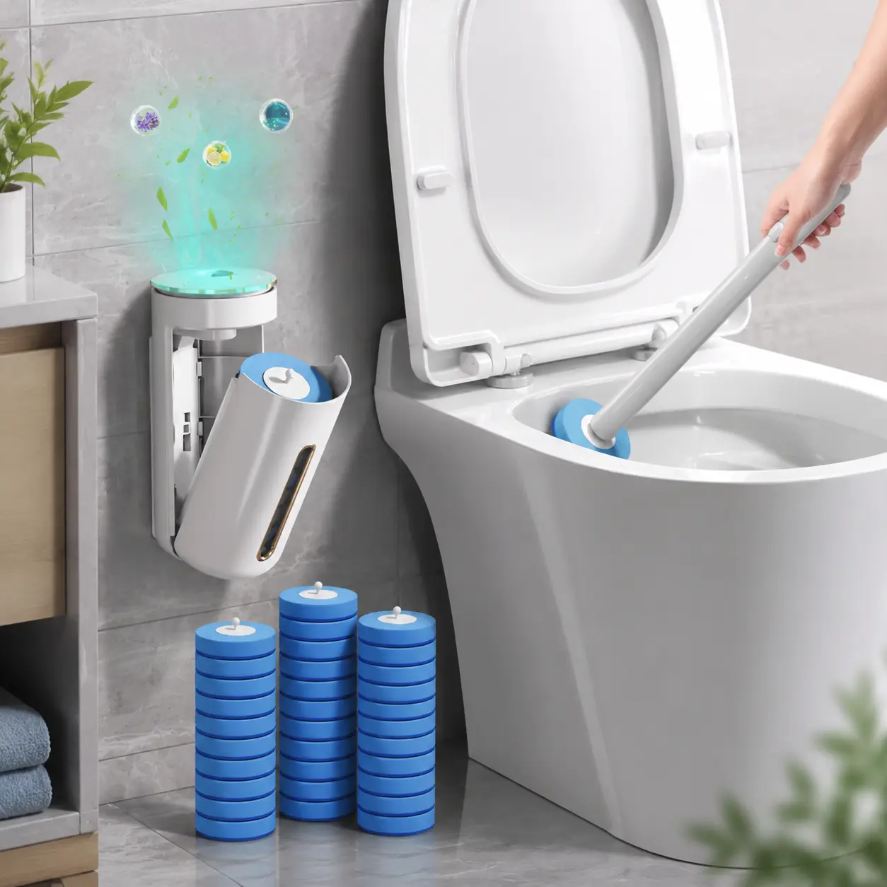 Disposable Toilet Brush Kit with Cleaner Refills, No-Touch Hands-Free Deep Cleaning, Cleans Under Rim & Removes Odors, Toss-After-Use Hygienic Design, One-Click Replace, Wall-Mount Storage, Bathroom Upgrade, CleanMust-Have fragrant tablet