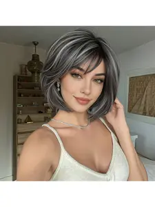 20.32cm Dark-colored with silver highlights, short layered curly full-head wig, women's motorized wig, heat-resistant synthetic fiber, perfect for everyday wear, the office, and date nights.