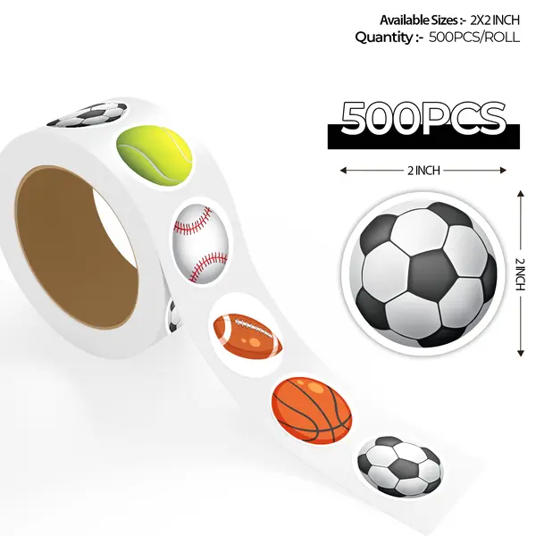 StickerJet Assorted Sports Ball Stickers, 2-Inch Round Labels, 500 Pcs Roll, Self-Adhesive Reward Stickers, Bright Sports Designs for Kids, School, Crafts & Party Favors, Soccer Ball, Tennis Ball