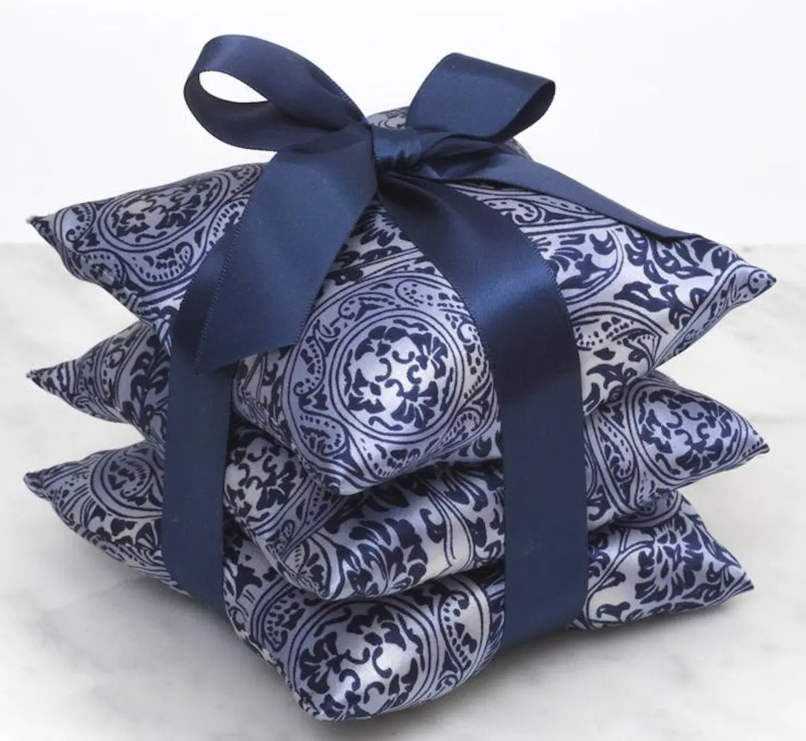 ElizabethW Venetian Blue Pure Silk Square Sachet Set of 3 - Ribbon Tied, Aromatic Addition for Drawers, Closets