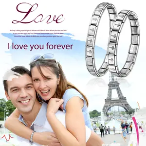 Couple Italian Charm Bracelet Link: Women 9MM Modular 18 Link Interlocking Cross Stretch Stainless Steel Christian Religious Wristband Ladies Gift