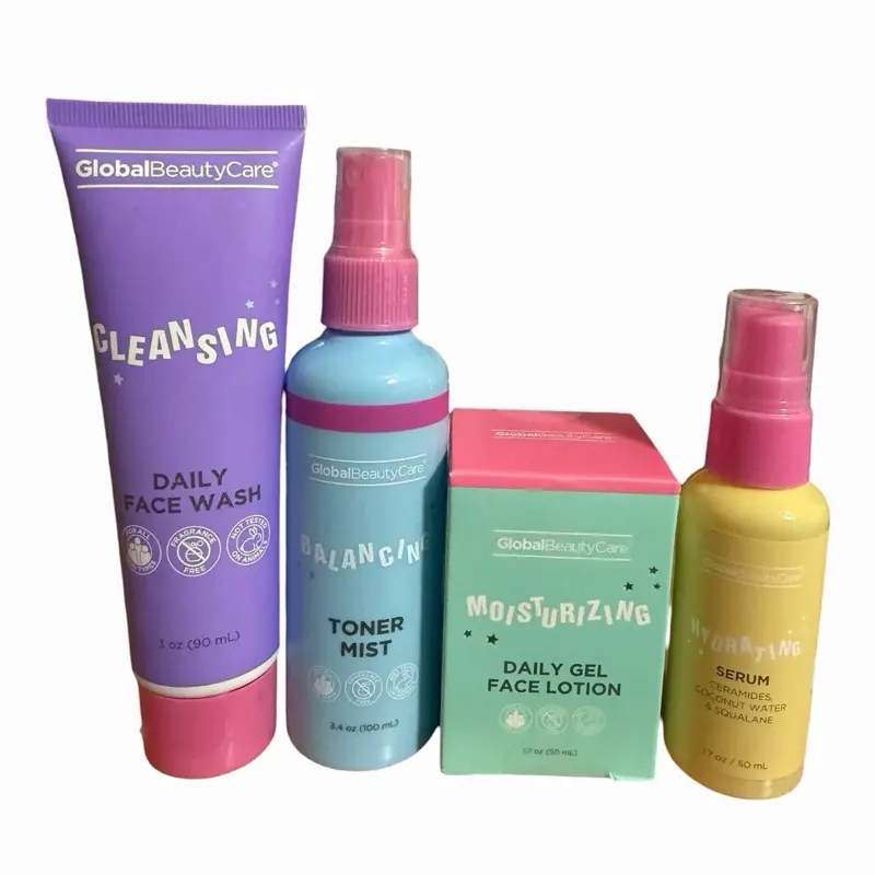 Global Beauty-Cleansing Daily Wash,Moisturizing Daily Gel Face Lotion,Balancing Toner Mist Set- 4pc Skincare Set