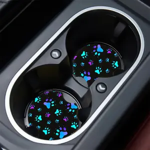 2Pcs Neon Colorful Paw Print Car Coasters, Cute Dog Cat Footprint Non-Slip Silicone Cup Mat, Universal Aesthetic Vehicle Interior Accessories, Gift for Pet Lovers