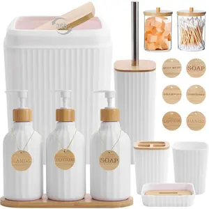 Bathroom Accessories Set White Bathroom Set with Trash Can,3PCS Lotion Soap Dispenser,  Holder, Soap Dish,Tumbler Cup,6pcs  Tags White Bath Accessories with Tray for Bathroom Decor
