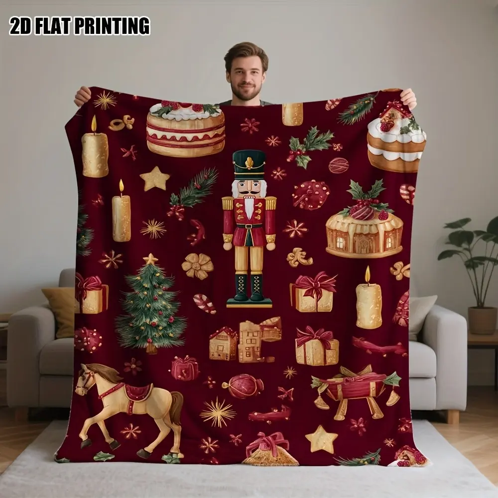 Vintage Nutcracker Christmas Throw Blanket, Traditional Holiday Blanket with Christmas Tree Gift Box Candle Pattern, Classic Retro Xmas Blanket for Couch Sofa Bed, Cozy Winter Home Decor Gift, Elegant Christmas Decoration Blanket