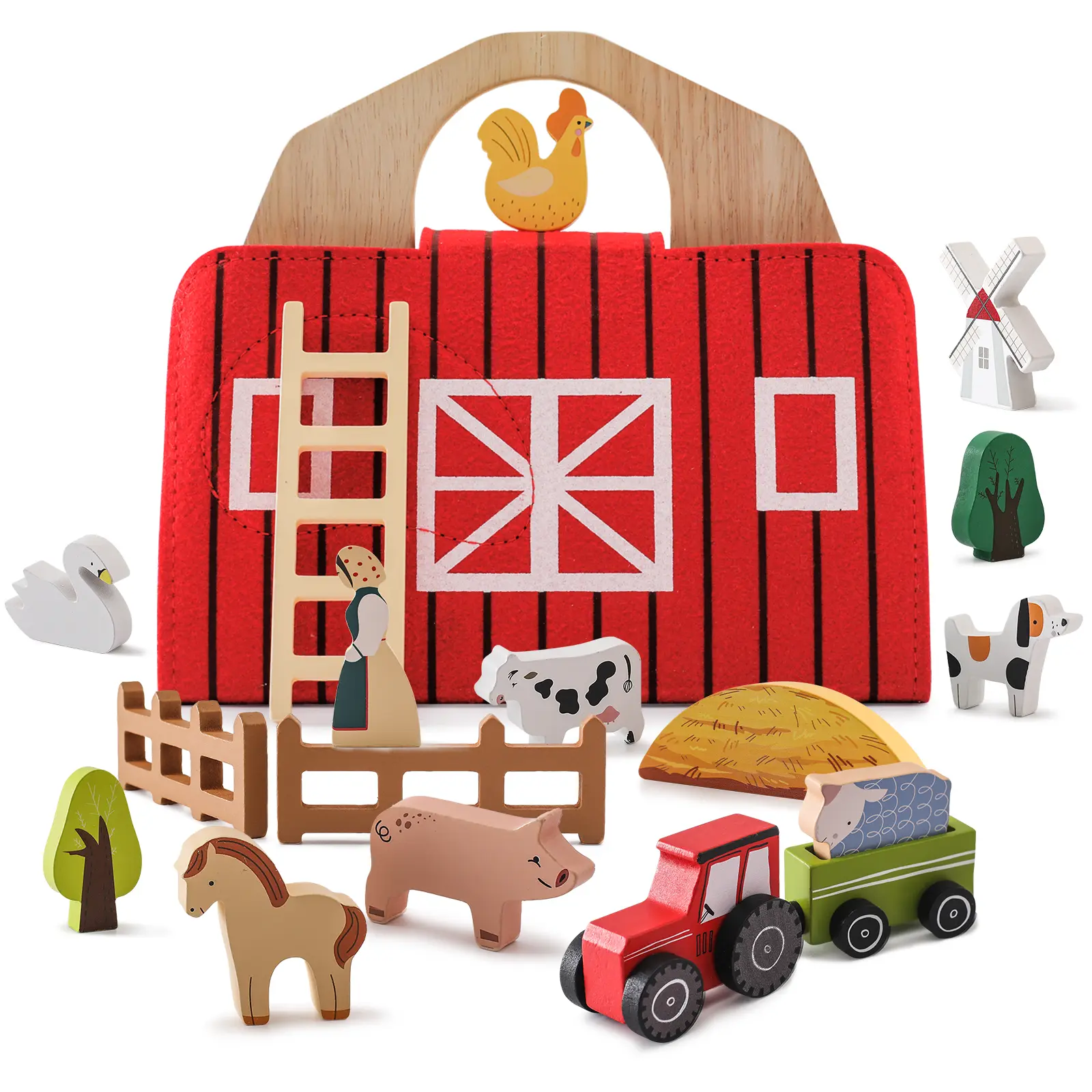 Wooden Farm Animals Barn Playset - Montessori Play Tools, Early Learning Educational Portable Toy for 3-5 Year Olds, Ideal Birthday Gift