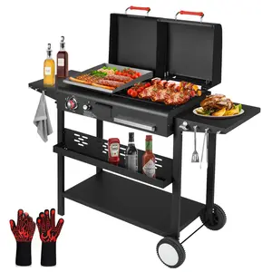 Bestfire 2-in-1 Propane & Charcoal Combo Grill with Flat Top Griddle, Includes dual lids & two side shelves for grilling smoking griddling backyard cooking
