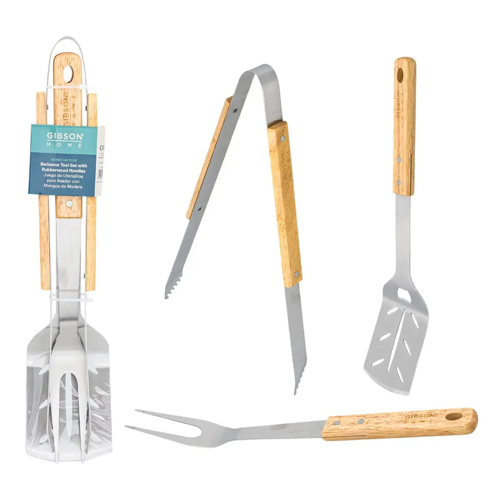Gibson Barbecue Tool Set with Rubberwood Handles, 3pcs