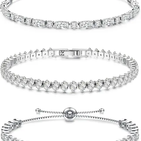 3 Pieces Silvery Tennis Bracelets Set for Womens Girls Silver Tone Chain Bracelet Cubic Zirconia Charm Bracelets Sparkle Bracelets Stackable Bracelets Friendship Jewellery Christmas Birthday Gifts