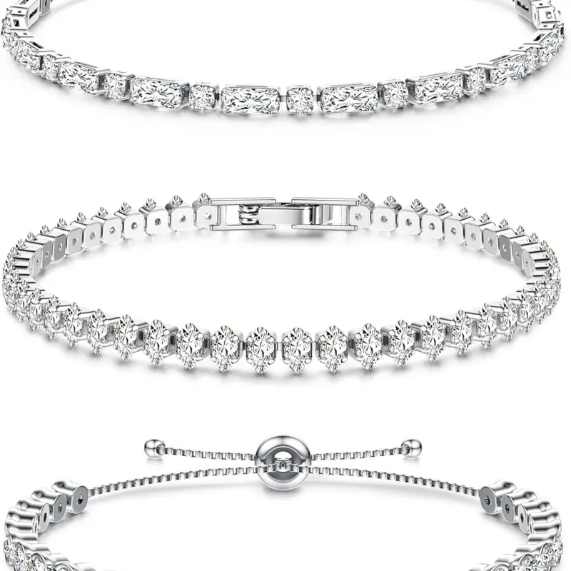 3 Pieces Silvery Tennis Bracelets Set for Womens Girls Silver Tone Chain Bracelet Cubic Zirconia Charm Bracelets Sparkle Bracelets Stackable Bracelets Friendship Jewellery Christmas Birthday Gifts