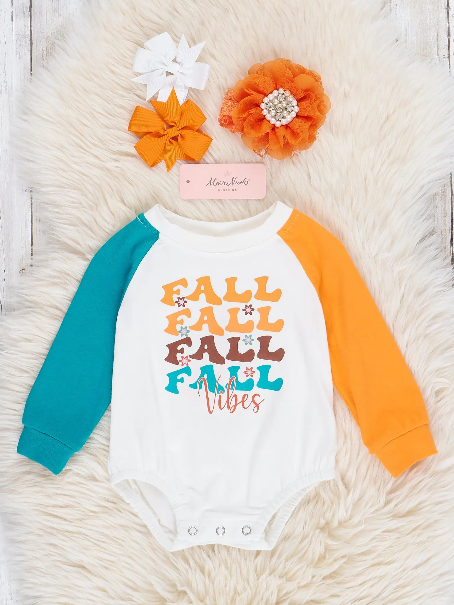 Turquoise & Yellow "Fall Vibes" Raglan Bubble Romper