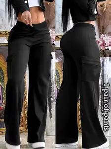 Women's Single Color Wide Leg Cargo Pants, Casual Fitted Style, Comfortable Workwear, Elastic Waist, Pockets, Spring & Fall