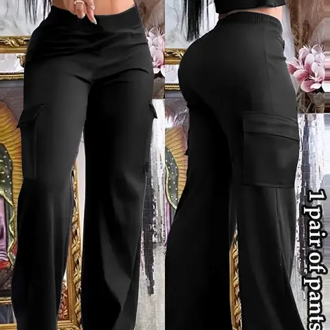 【Black Friday】Women's Basic Solid-Color Elastic Fabric Cargo Pants with Flap Pocket, Casual Street Comfy Trousers for Everyday Wear, Ladies Casual Style Bottoms for Spring & Fall, Womenswear