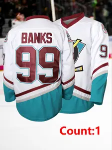 Men's Cartoon Duck & Letter Patched Sports Ice Hockey Jersey, Vintage Loose V Neck Long Sleeve Sports Sweatshirt, Casual Sportswear for Training, Athletic Apparel