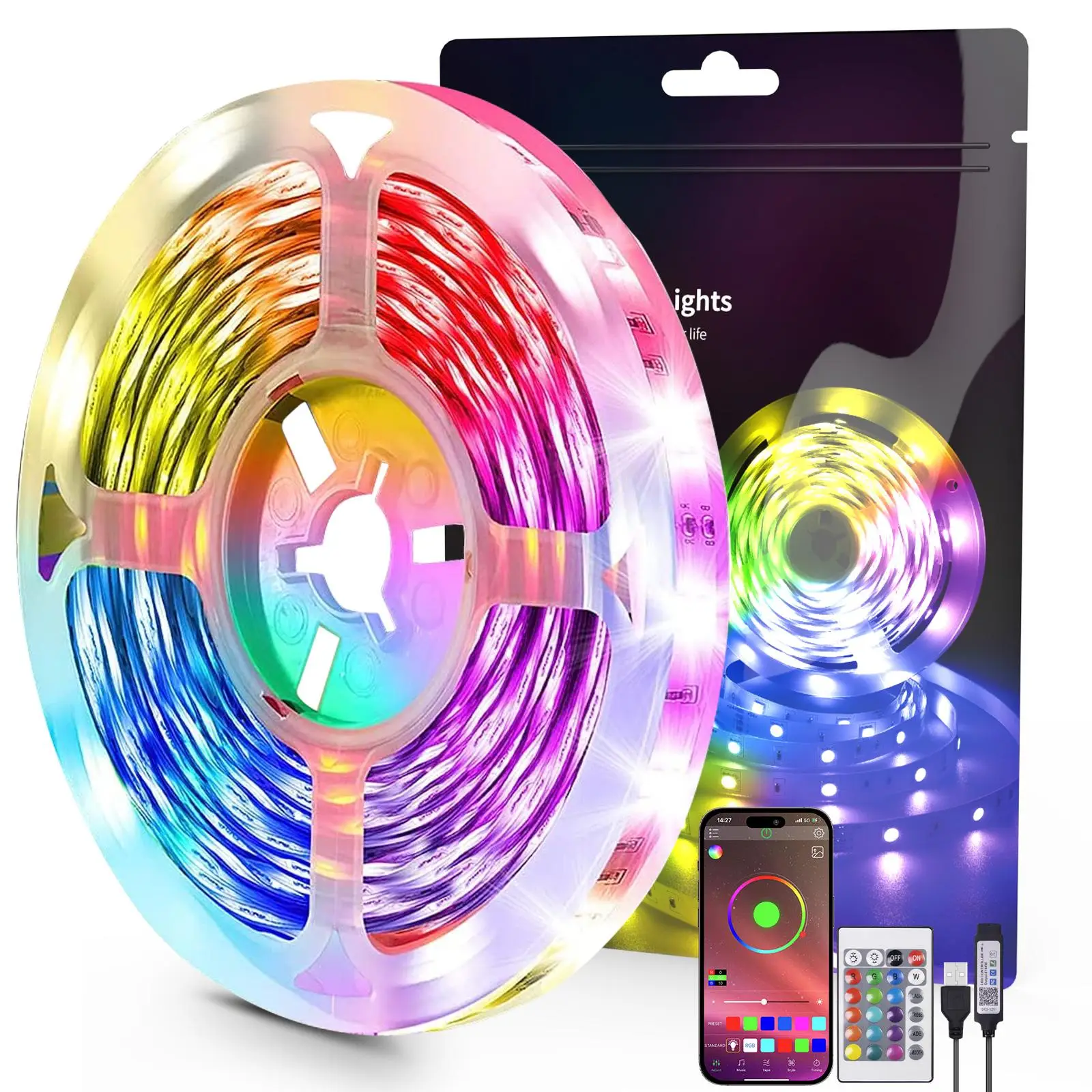 USB Powered LED Strip Light, 1 Count Music Sync RGB Color Changing Strip Light with Remote Control, TV Background Light, DIY Ambient Light for Bedroom