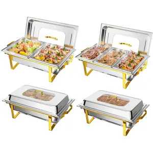 ROVSUN Chafing Dishes for Buffet 4 Pack, 9QT Chafing Dish with Multiple Food Pans Combo,Stainless Steel Buffet Servers and Warmers with Glass Lid & Folding Frame for Parties Weddings, Gold & Silver