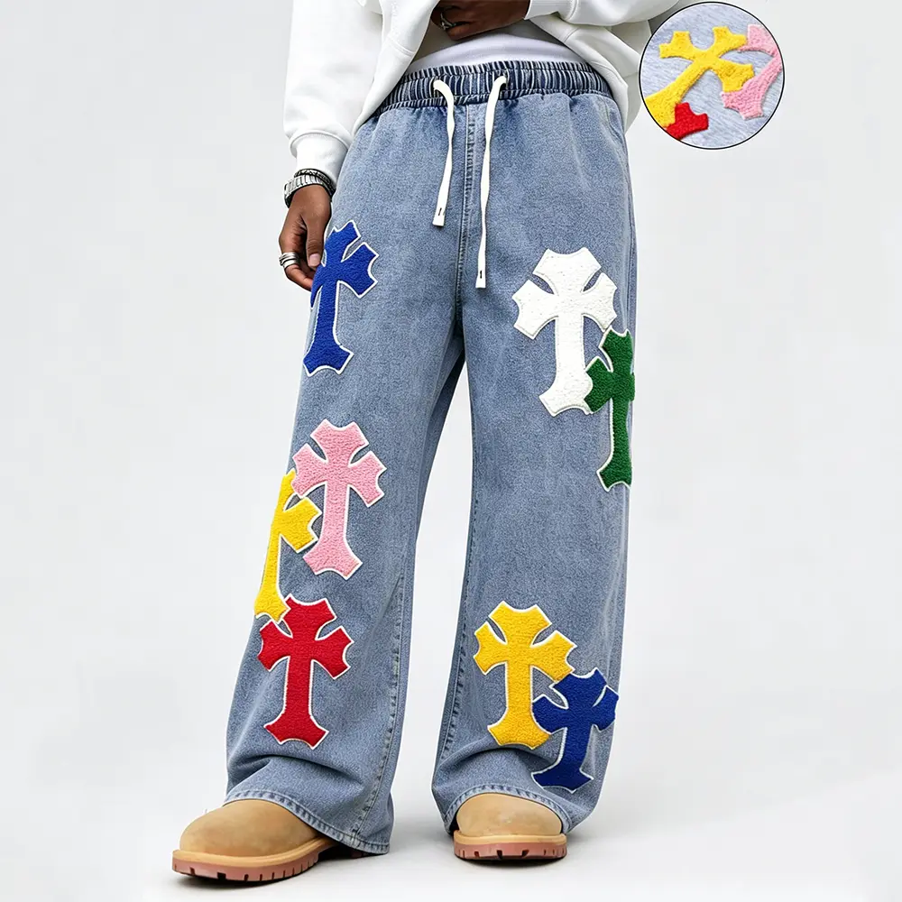 Men's Preppy Fashion Comfortable Light Stone Wash Soft Denim Knit Leg Pants - Multi-Color Asymmetric Cross Chenille Patch, Drawstring Elastic Waist, Wide-Leg, Unisex Oversized Floor-Length, Streetwear Hip Hop Skate Casual Trousers