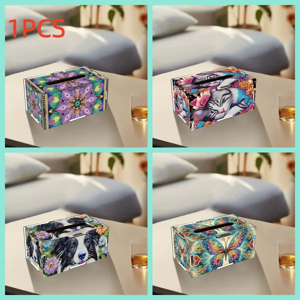 1 piece diamond painting art set tissue box, cat, puppy, butterfly, floral pattern with special shape diamond part mosaic handmade tissue storage box set, modern home dining room living room desktop art decoration, Tissue Holder, Tissue Dispenser