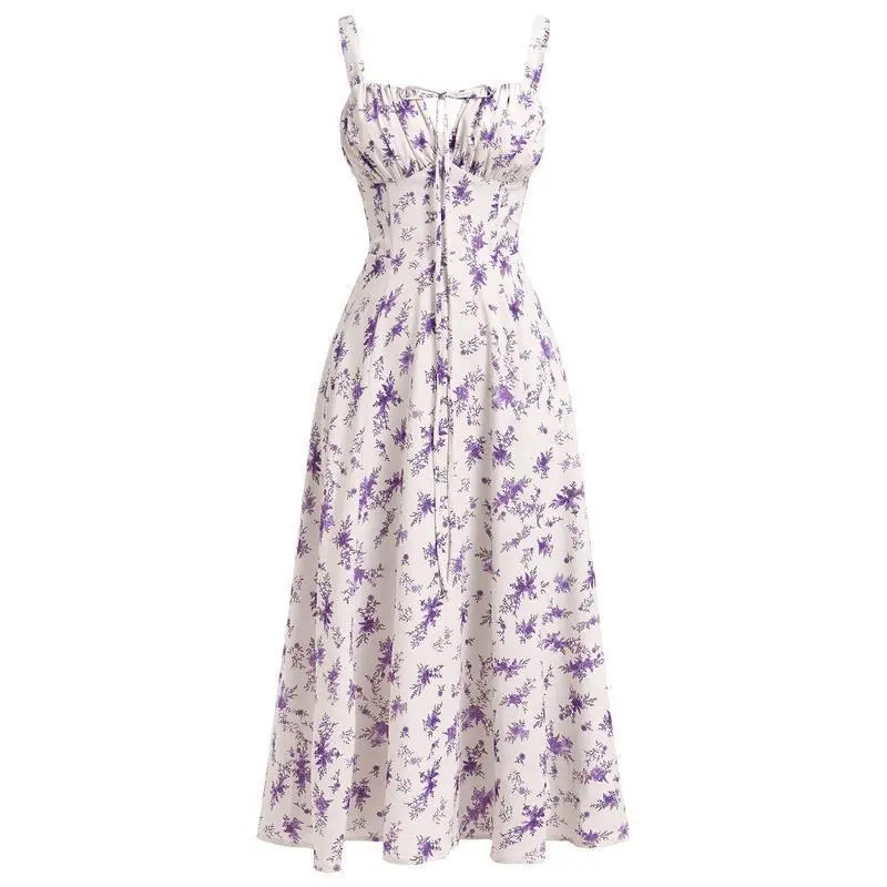 (New)WomenFloralCorsetDressSpaghettiStrapsSquareNeckCasualWaistSplitCasualBeachDresses,MilkmaidDress,WomenswearComfort