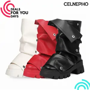 CELNEPHO Fold Over Platform Boots for Women Round Toe Slouchy Booties Chunky High Heel Wide Calf Detachable Snap-off Panel Easy Pull on Shark Platform Short Boot for Casual Date Party Dress Fashion Shoes Deals For You Days