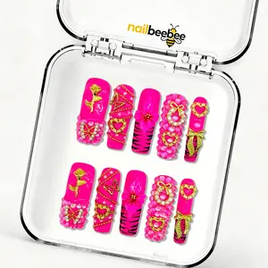 Barbiecore Pink Gold Rose & Heart Press-On Mid-Square Nails,10pcs Handmade Barbiecore Pink Gold Rose Press-On Nails | Zebra Floral Heart Bling Nails | Reusable Luxury Fake Nails | Party Gift for Her