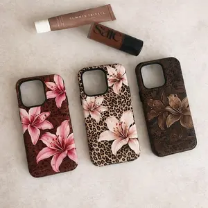 Leopard Print Floral iPhone Case with Pink Lilies, Durable Shockproof Cover for iPhone 17 16 15 14 13, Tough Accessories Trendy Gift for Her