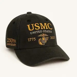 Celebrate 250 years of the U.S. Marine Corps with this black cotton cap, featuring embroidered gold lettering, the USMC emblem, and an adjustable fit.