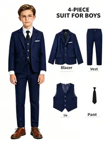 Boys Formal 4-Piece Suit Set Outfit, Available in Black/Navy, Blazer + Vest + Trousers + Tie, Premium Wrinkle-Resistant & Polished, Perfect for Birthday Parties, Weddings, Graduations & Anniversary Celebrations, No Shirt Included--19133