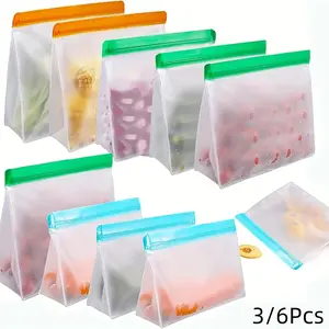 Reusable Food Storage Bag, 3/6 Counts Leak Proof Food Storage Bag, Freezer Bag for Home Kitchen, Summer for Gift, Sealable Container