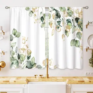 Green Gold Leaf Botanical Small Kitchen Curtains Window Treatment Plant Eucalyptus Cafe Short Window Curtains for Bathroom Dining Laundry Room Spring Tier Treatment Drapes 27.5x39 inch
