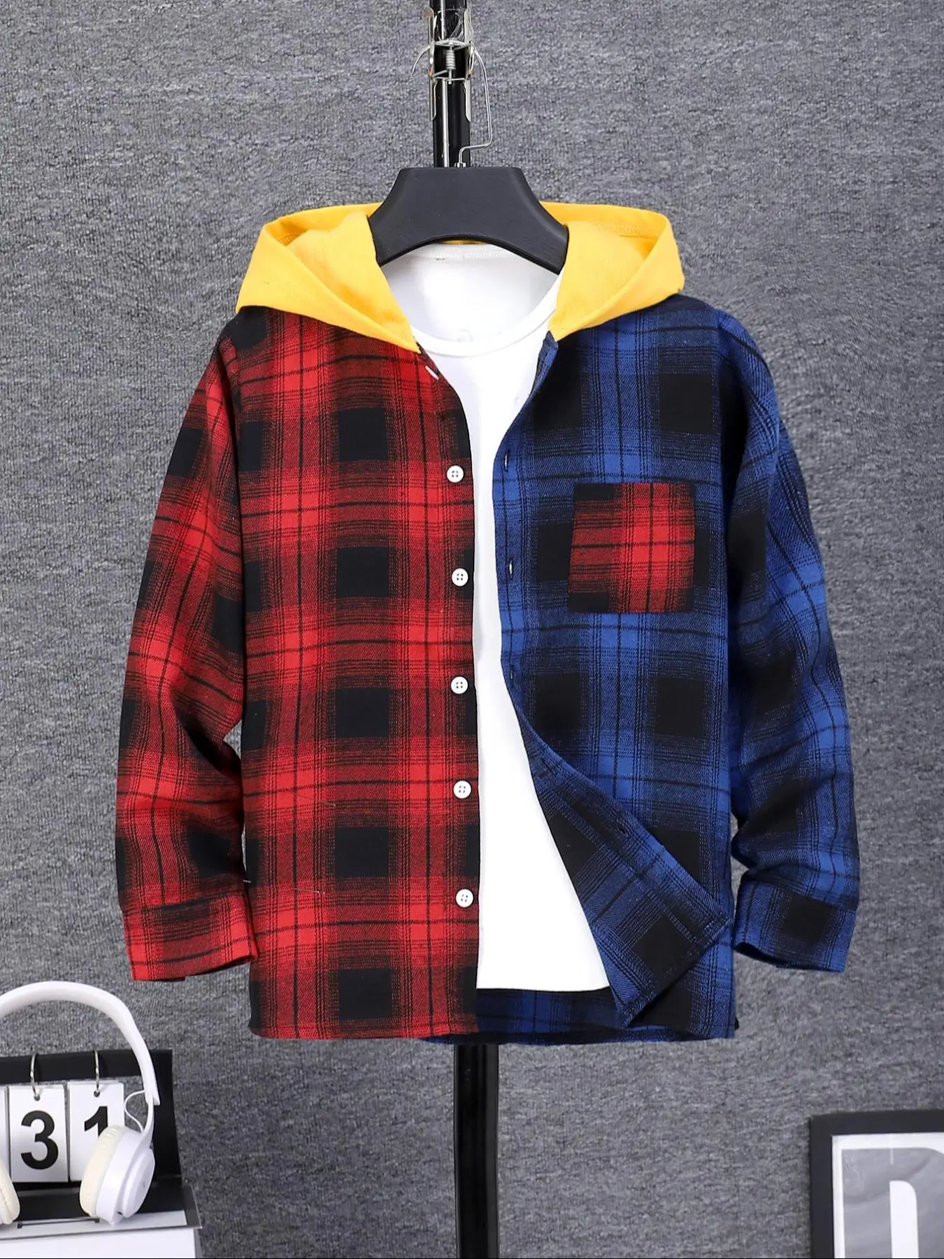 Boy's Tartan Print Button Front Hooded Jacket, Casual Long Sleeve Pocket Outerwear for Fall & Winter, Kids Clothes for Daily Wear