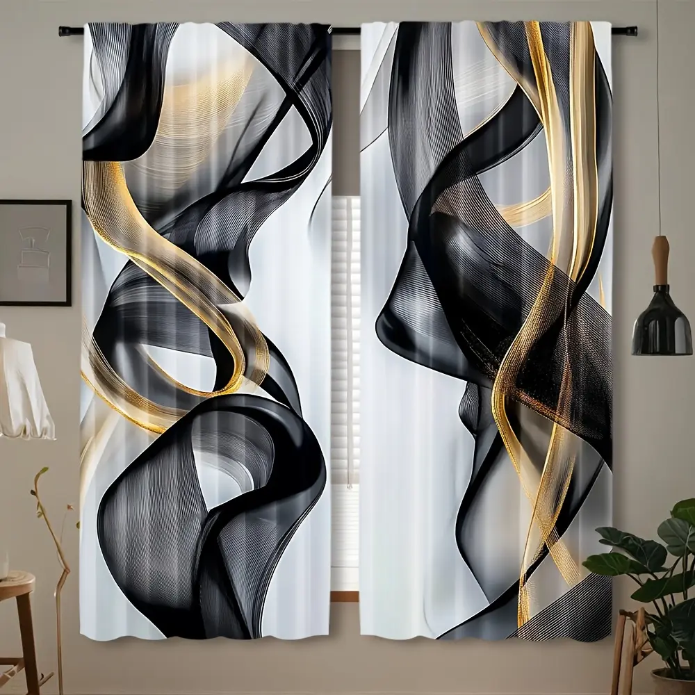 2-Piece set, artistic abstract line design printed curtains, wavy black and white gray gold design, translucent privacy protection, perfect for living room, bedroom, bathroom and kitchen home decoration, Home Decorative Curtain, Window Curtain