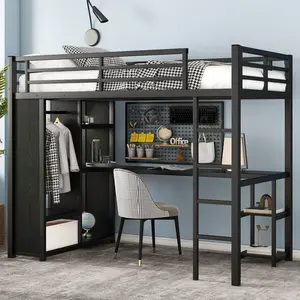 Twin XL Size Loft Bed Frame with Built-in Wardrobe, Metal Loft Bed with Desk and Storage Shelves, Black