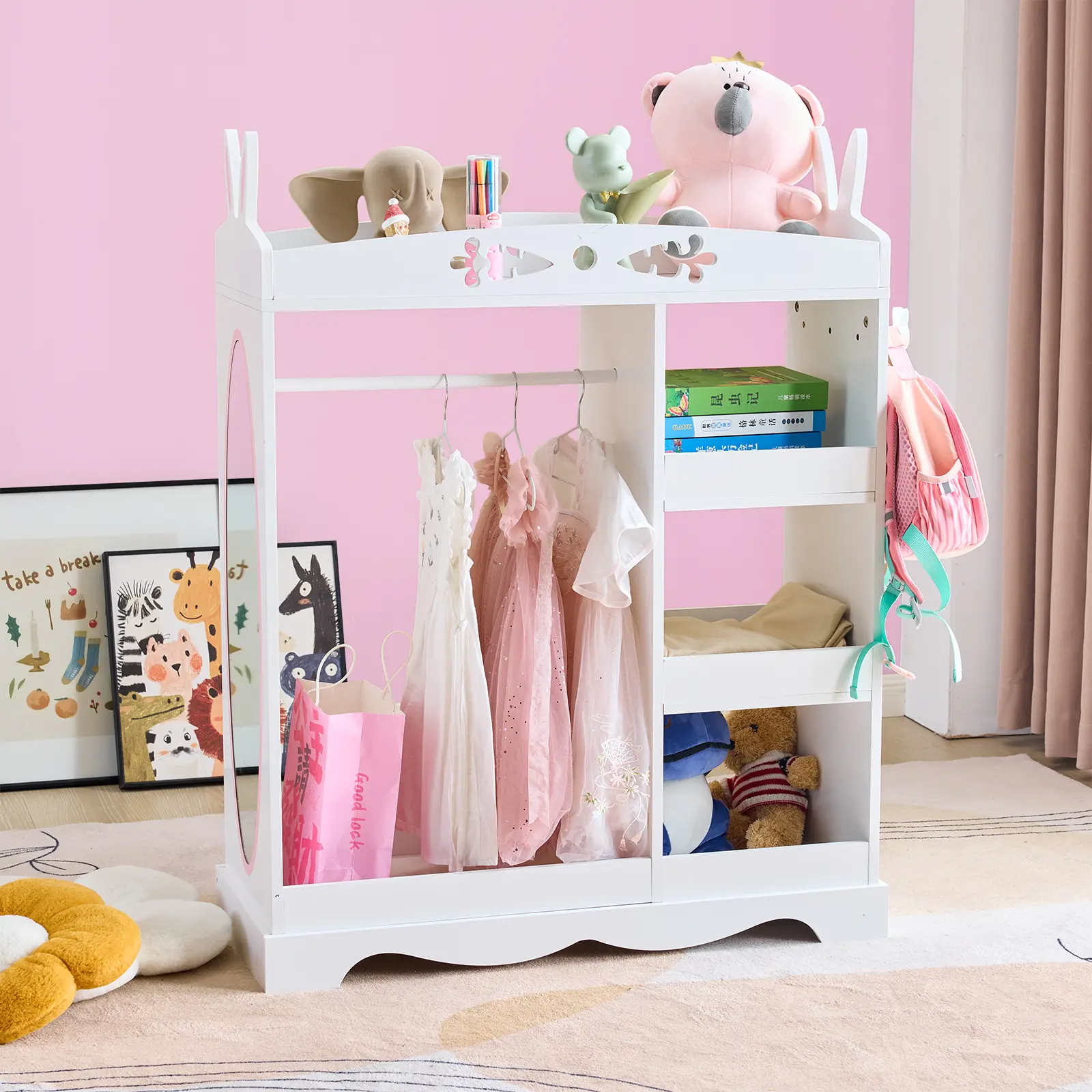 Ktaxon Children's Wardrobe with Mirror Three Shelves & Hanging Rod Rabbit Ear Design White Density Board Particle Board Waterproof