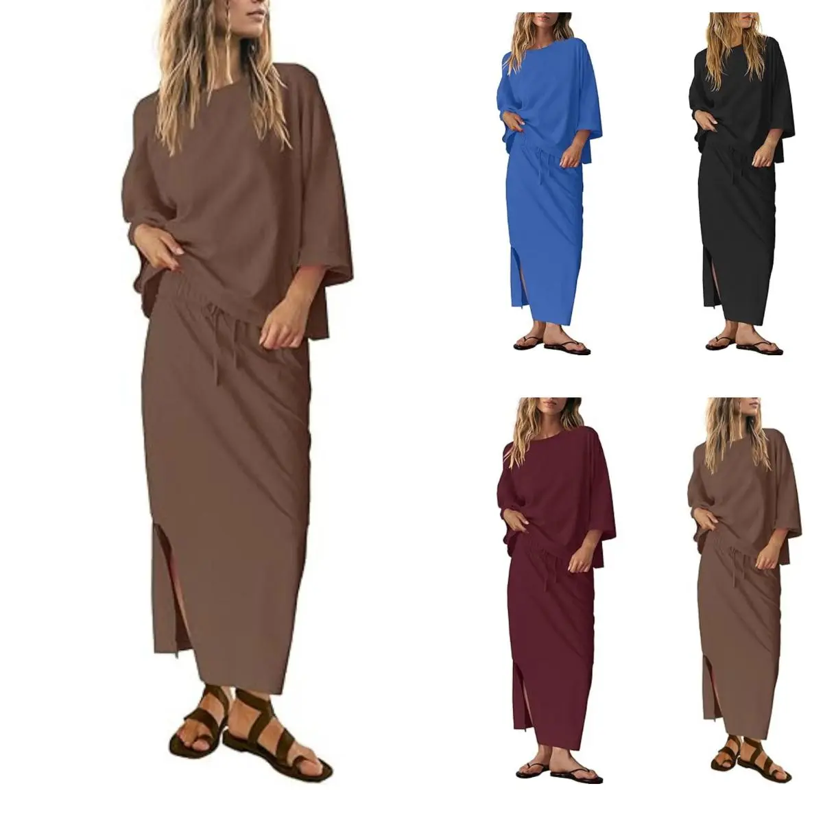 JovenPara Women's 2-Piece Cotton-Polyblend Chic Clothing Set - Casual Oversized Crew Neck 3/4 Sleeve T-Shirt, Pull-On Column Drawstring Waist Maxi Skirt with Patch Pockets, Athletic Style, True Size Fit, XL