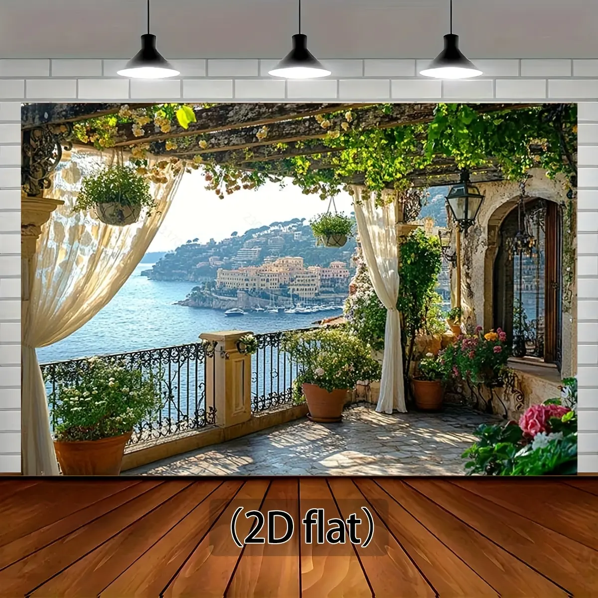 2D Flat Mediterranean Sea Landscape Banner, Polyester Floral Pergola Decor, Rustic Backdrop for Floral Balcony Look, Romantic Garden Mood Party Decoration Supplies