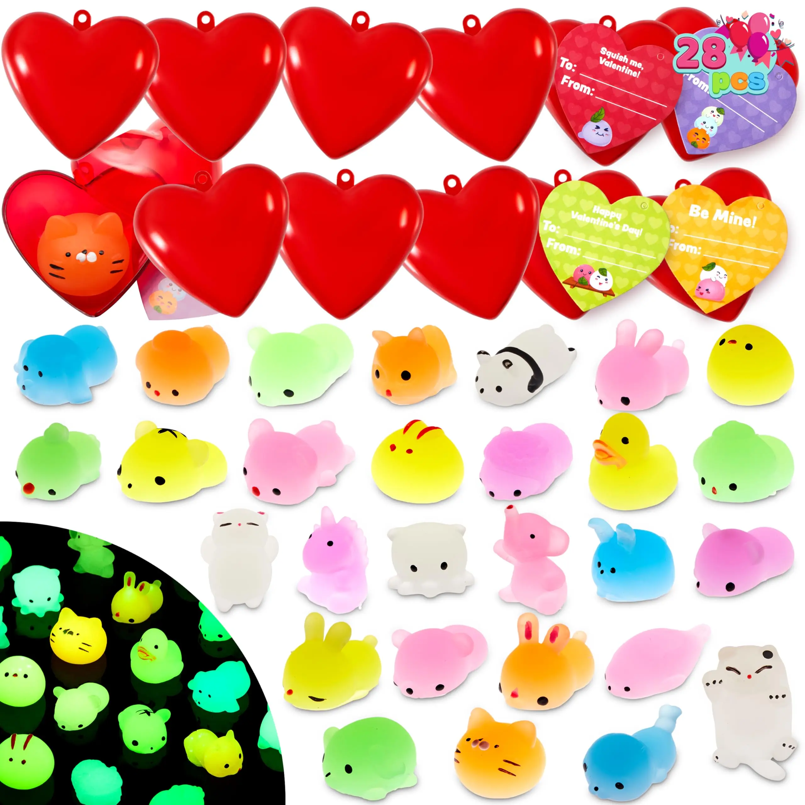 JOYIN 28 Packs Valentines Day Gifts for Kids, Glow Mochi Squishy Toys with Heart Funny Valentines Day Cards for Kid School Classroom Exchange Prize, Stress Relief Fidget Toy for Valentine Party Favor