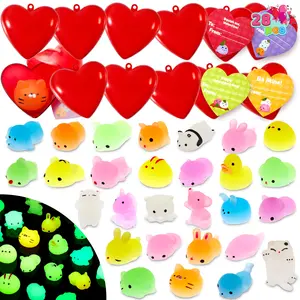 JOYIN 28 Packs Valentines Day Gifts for Kids, Glow Mochi Squishy Toys with Heart Funny Valentines Day Cards for Kid School Classroom Exchange Prize, Stress Relief Fidget Toy for Valentine Party Favor